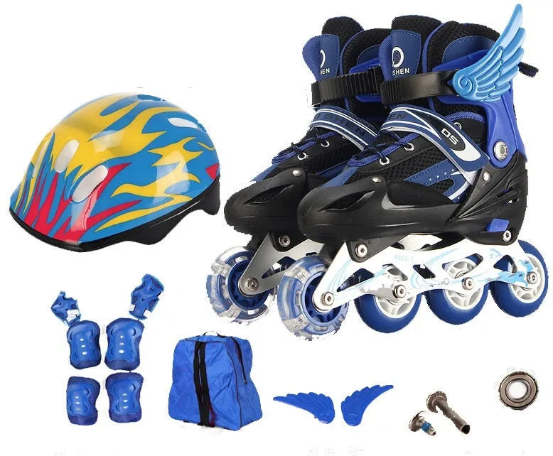 Adjustable children's roller skates in yellow with aluminium frame, PU foam wheels, and included helmet and protective gear.