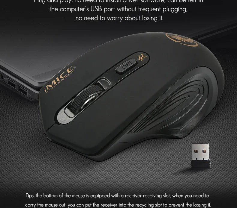 2.4G wireless silent mouse in black with ergonomic design, four buttons, and four-way scroll wheel