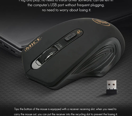 2.4G wireless silent mouse in black with ergonomic design, four buttons, and four-way scroll wheel