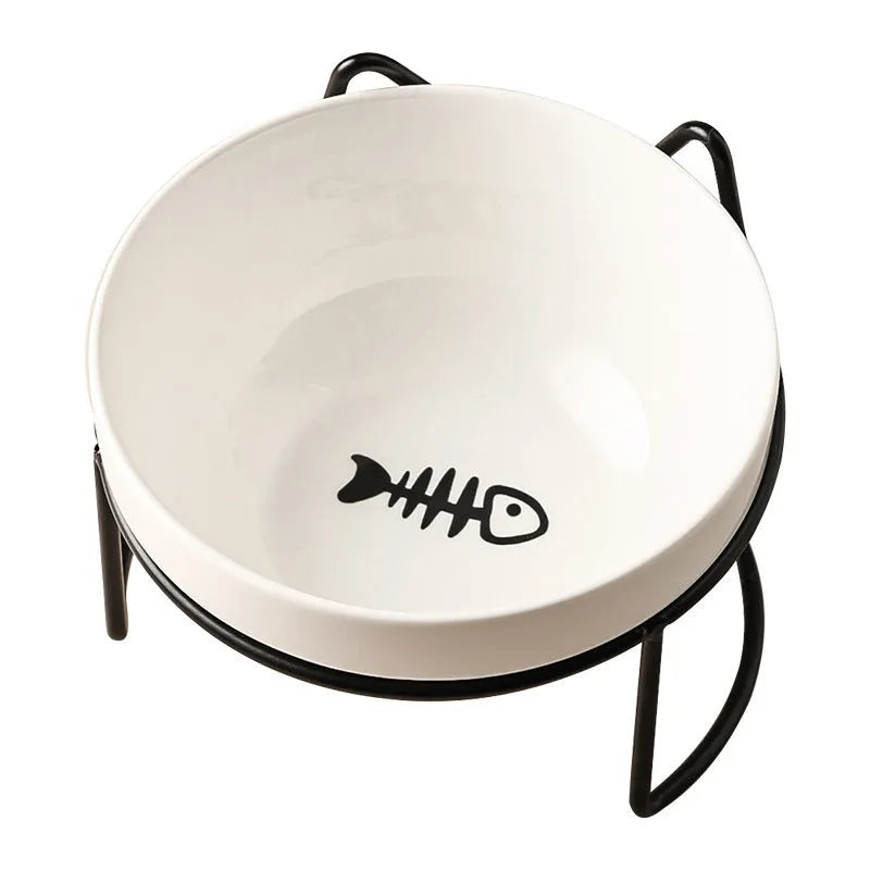 White ceramic cat bowl with decorative iron frame in cat ear design