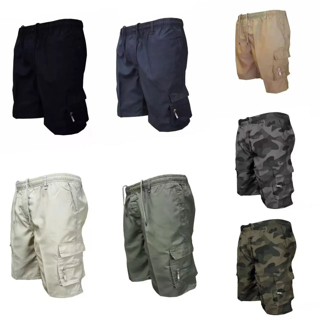 Men's loose fit casual work trousers in polyester fabric showing seven colour options including camouflage patterns