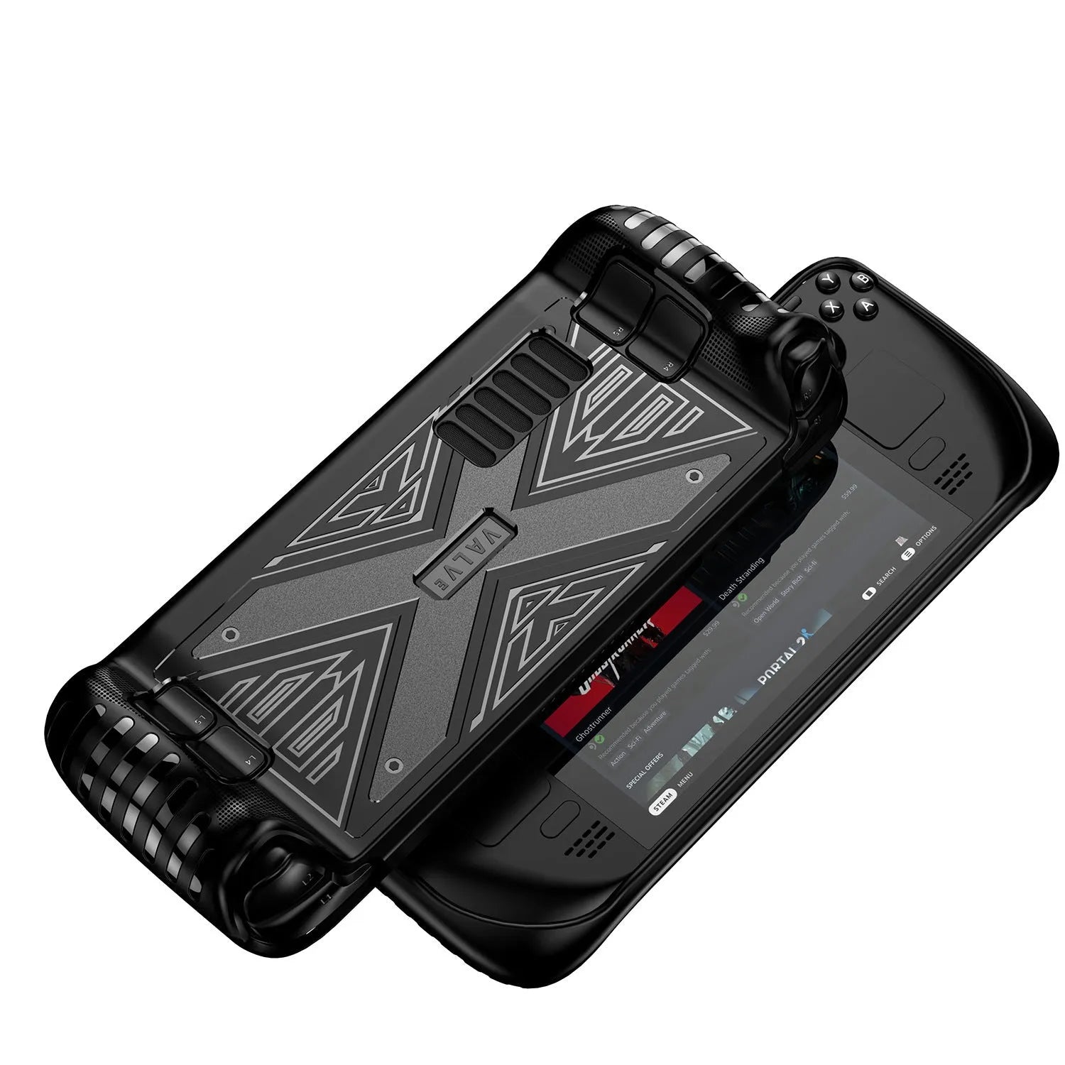 Steam Deck game console protective case in TPU material, showing black, blue and red colour options