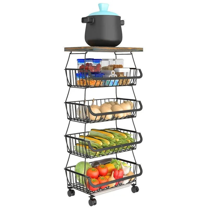 Black six layer freestanding foldable kitchen storage rack trolley with detachable shelves
