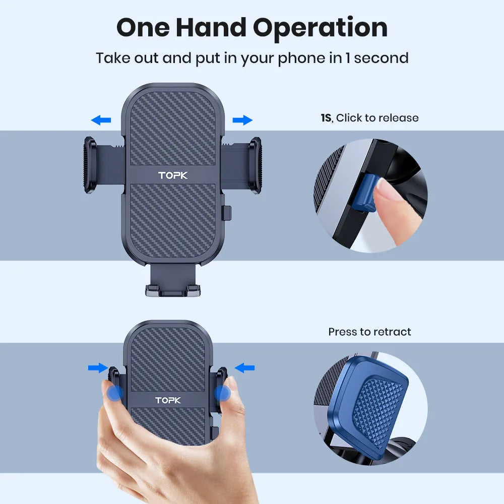 TOPKD46 universal car phone holder with multiple bracket styles for windshield, dashboard, and air vent mounting