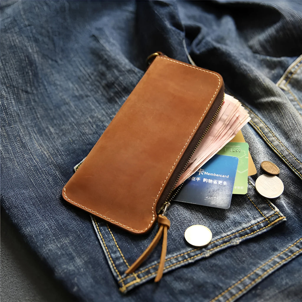 Men's genuine leather wallet with zipper, top layer cowhide, dark brown Crazy Horse finish, 18 cm length