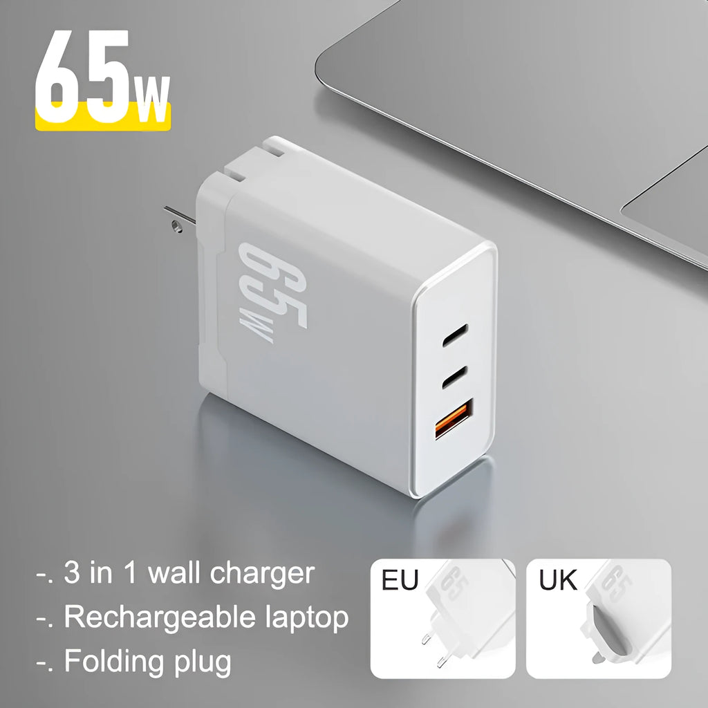 65W GaN multi-port fast charger with two USB-C and one USB-A output, black colour, British standard plug