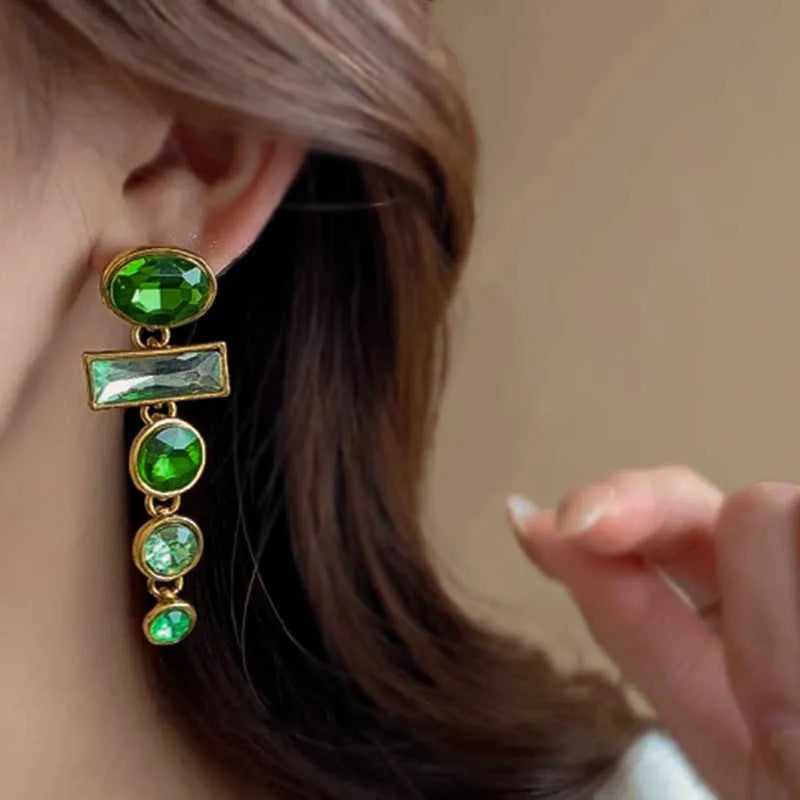 Retro green gradient tassel clip-on earrings with inlaid zircon, alloy geometric shape, women's Chinese style studs