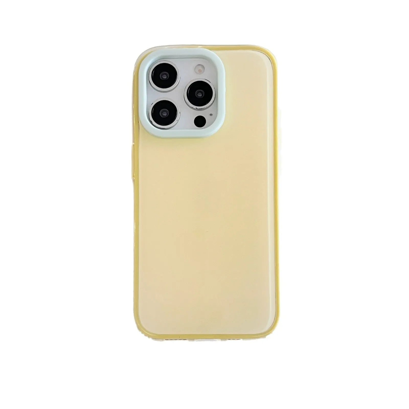 Simple solid colour jelly TPU phone case for iPhone, shown in blue, white, and yellow.