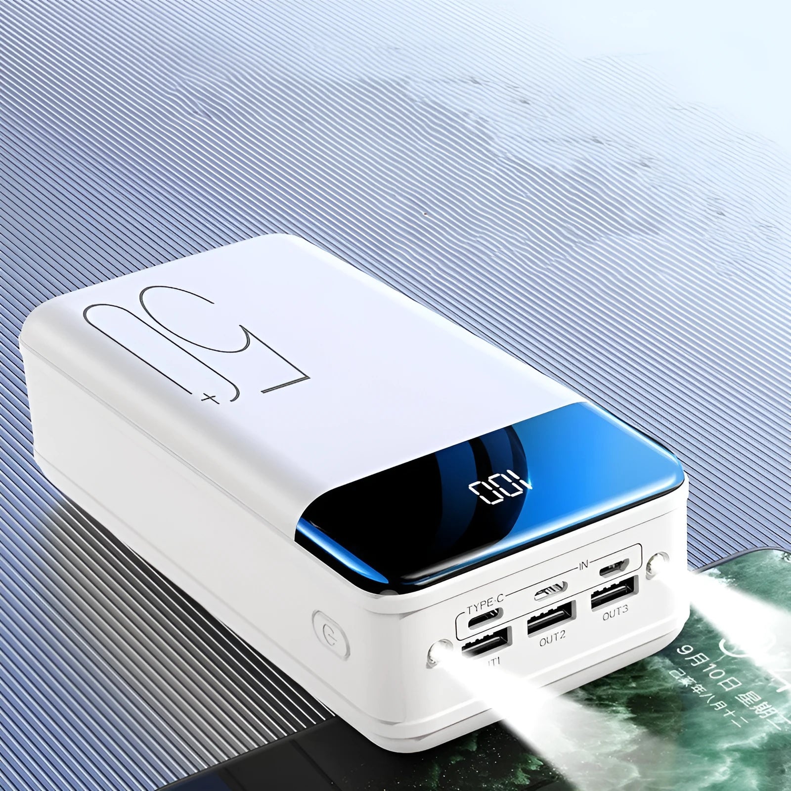 Black and white 50000mAh power bank with three output ports and large capacity charging