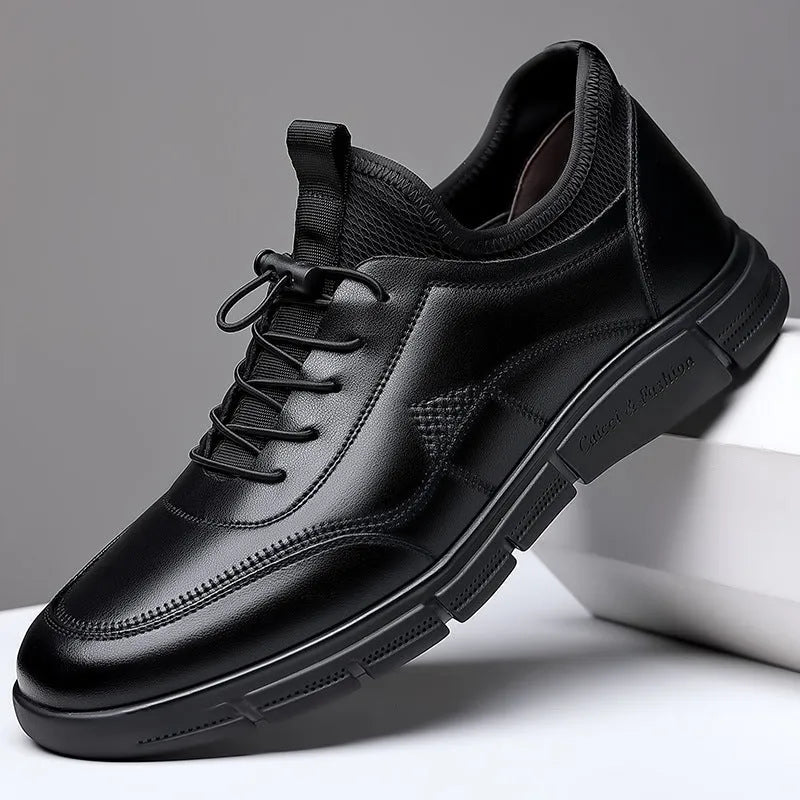 Men's black casual business shoes with cowhide leather upper and square heel