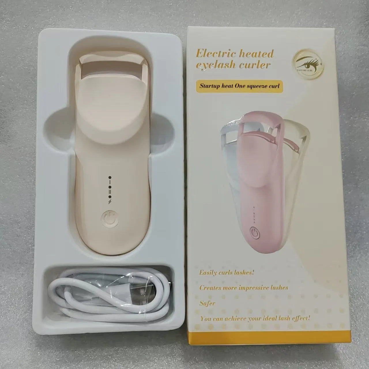 USB electric heating eyelash curler in choice of colours including vanilla apricot, maca pink, and cream white.