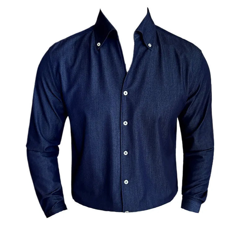 Men's slim fit long-sleeved denim shirt in black, shown in a cardigan style.
