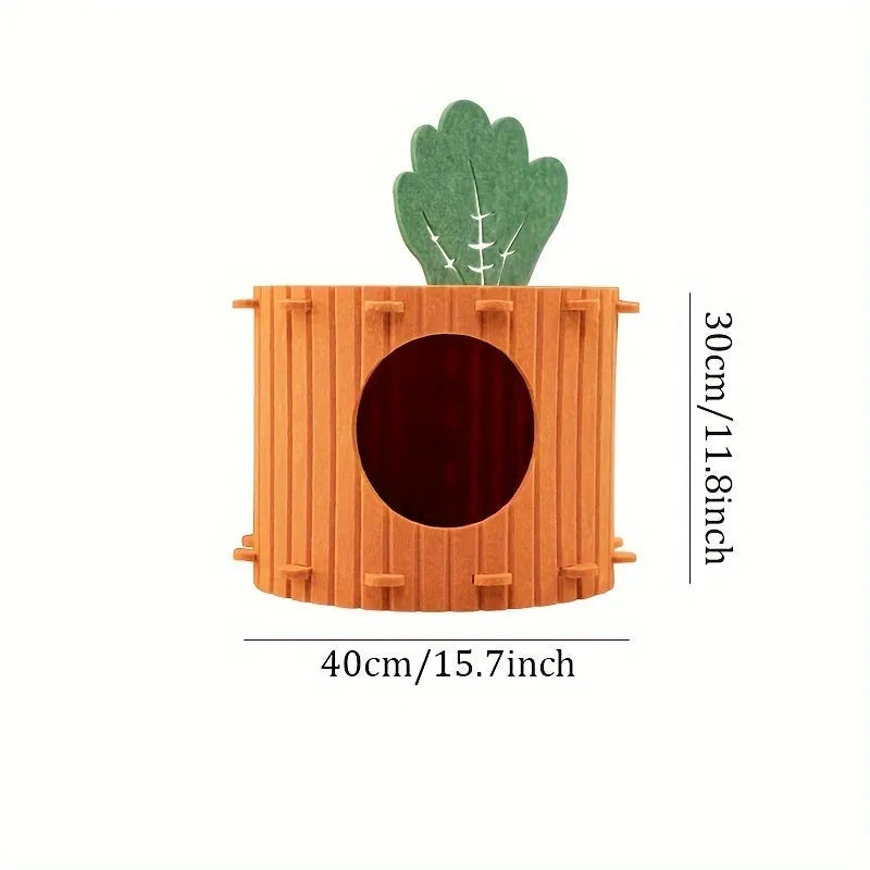 Carrot-shaped felt cat nest tunnel with semi-enclosed drilled design for feline privacy and comfort