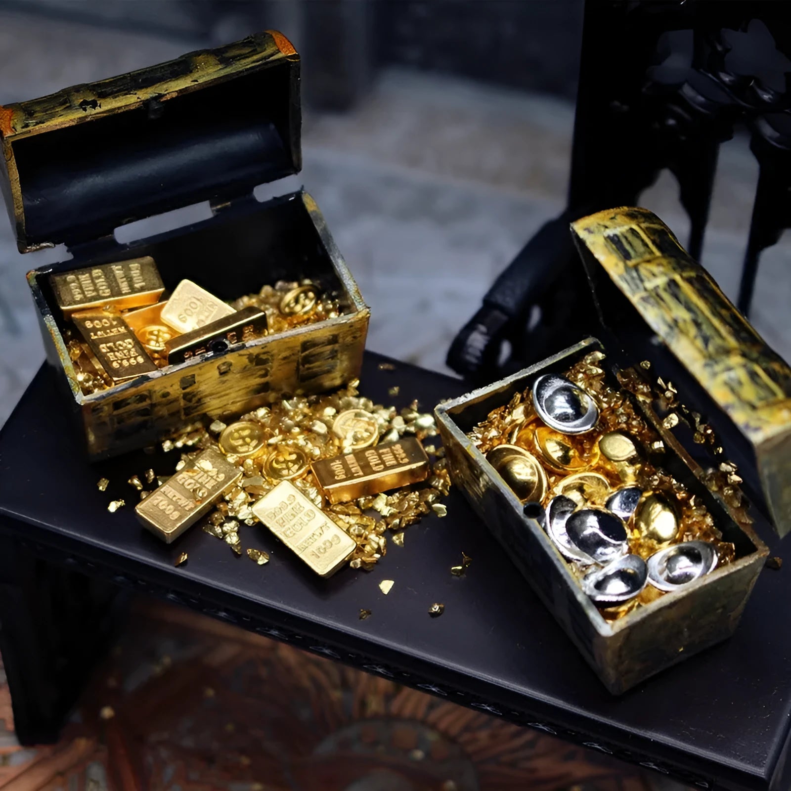 Gold coin treasure box doll house accessories mini model ornaments set with alloy pieces and LED light string
