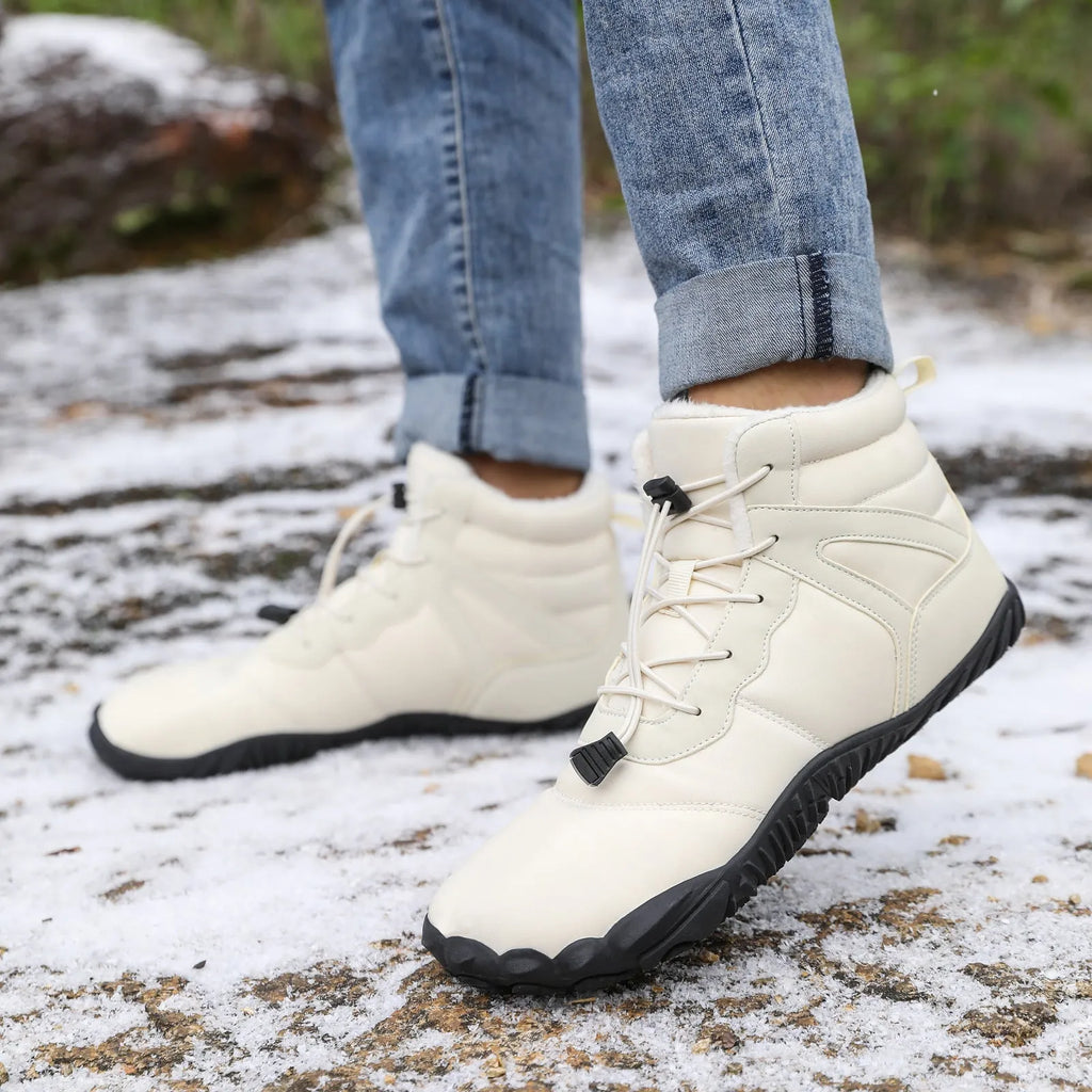Five-finger waterproof hiking snow boots with fleece lining and rubber outsole in beige, grey, black, or wine red.