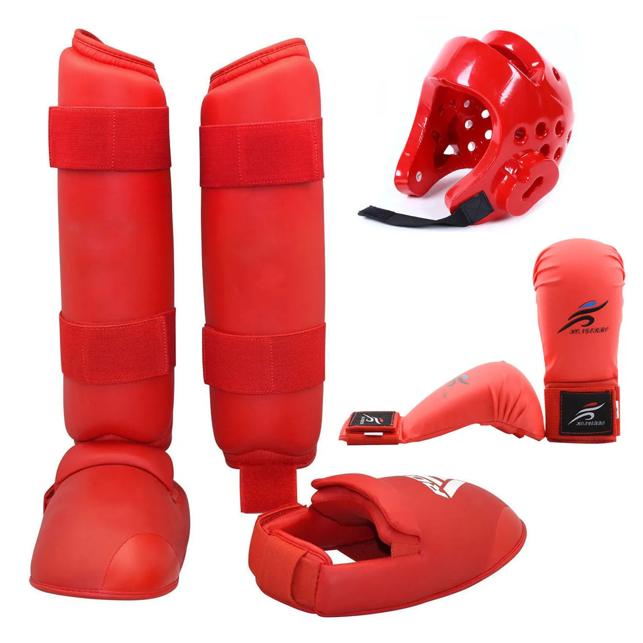 Red and blue karate taekwondo protective gear set with leg guards, boxing gloves, and helmet