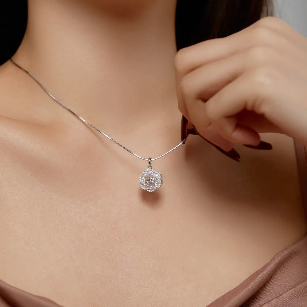 925 silver flower geometric pendant necklace with platinum electroplated finish for women