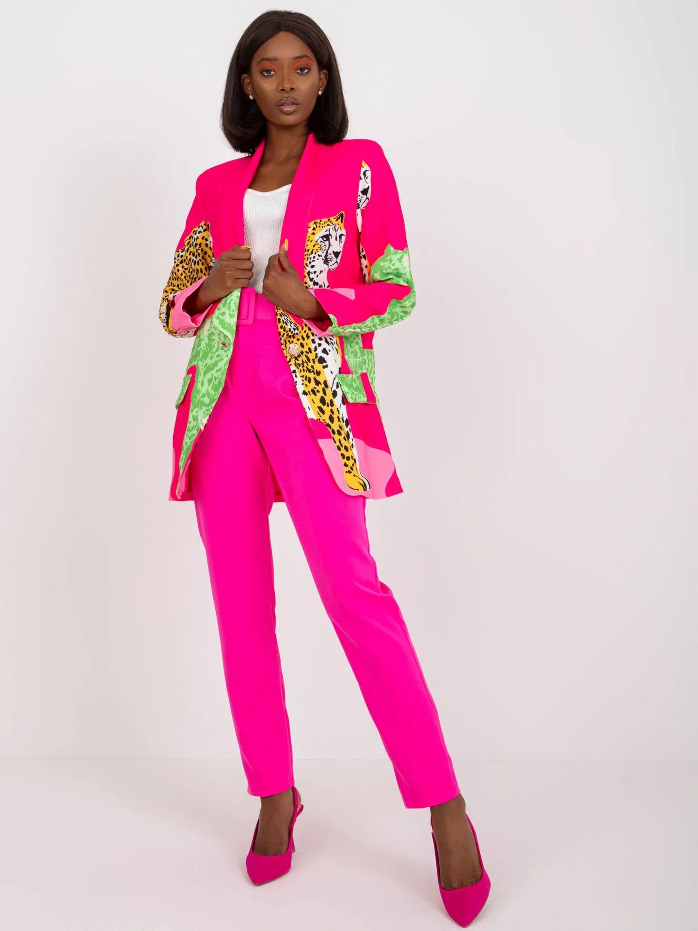 Leopard print slim fit long jacket for women with contrast colour and side pockets