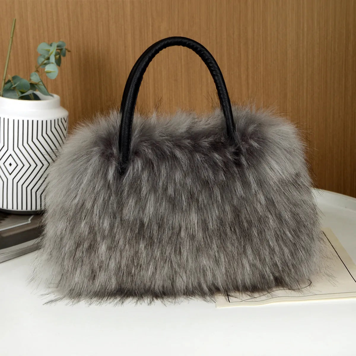 Soft plush handbag shoulder tote with double straps and three-dimensional outer pocket in multiple colours