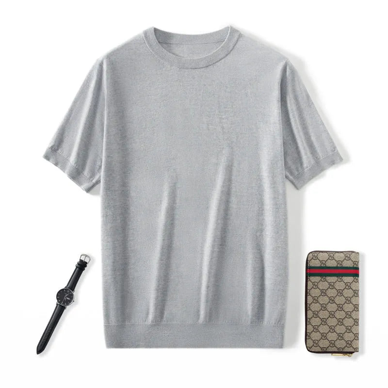 Men's loose-fit knitted casual short sleeve shirt in a choice of eight colours including black, blue, and grey.