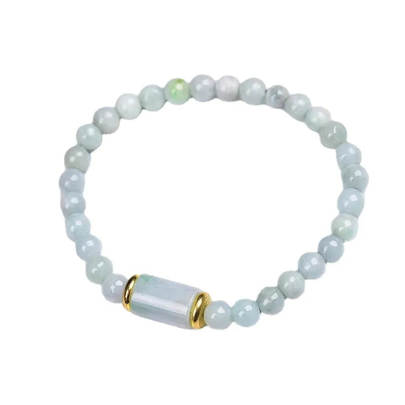 Myanmar natural jade round ice bead bracelet with geometric beads and emerald green colour