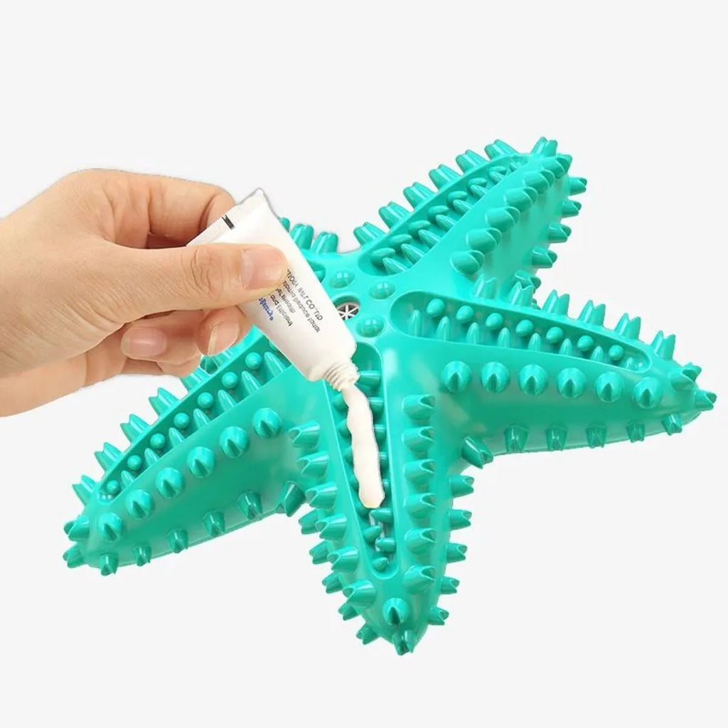 Blue starfish-shaped TPR dog chew toy with textured surfaces for dental cleaning