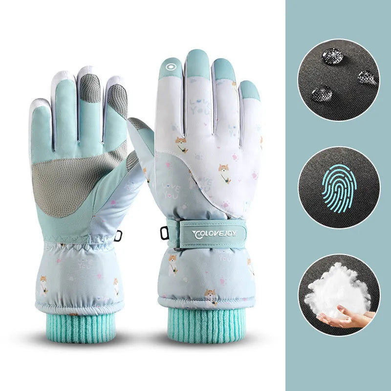 Snowflake cartoon print winter gloves, touchscreen and waterproof, one size, nylon with anti-skid palm