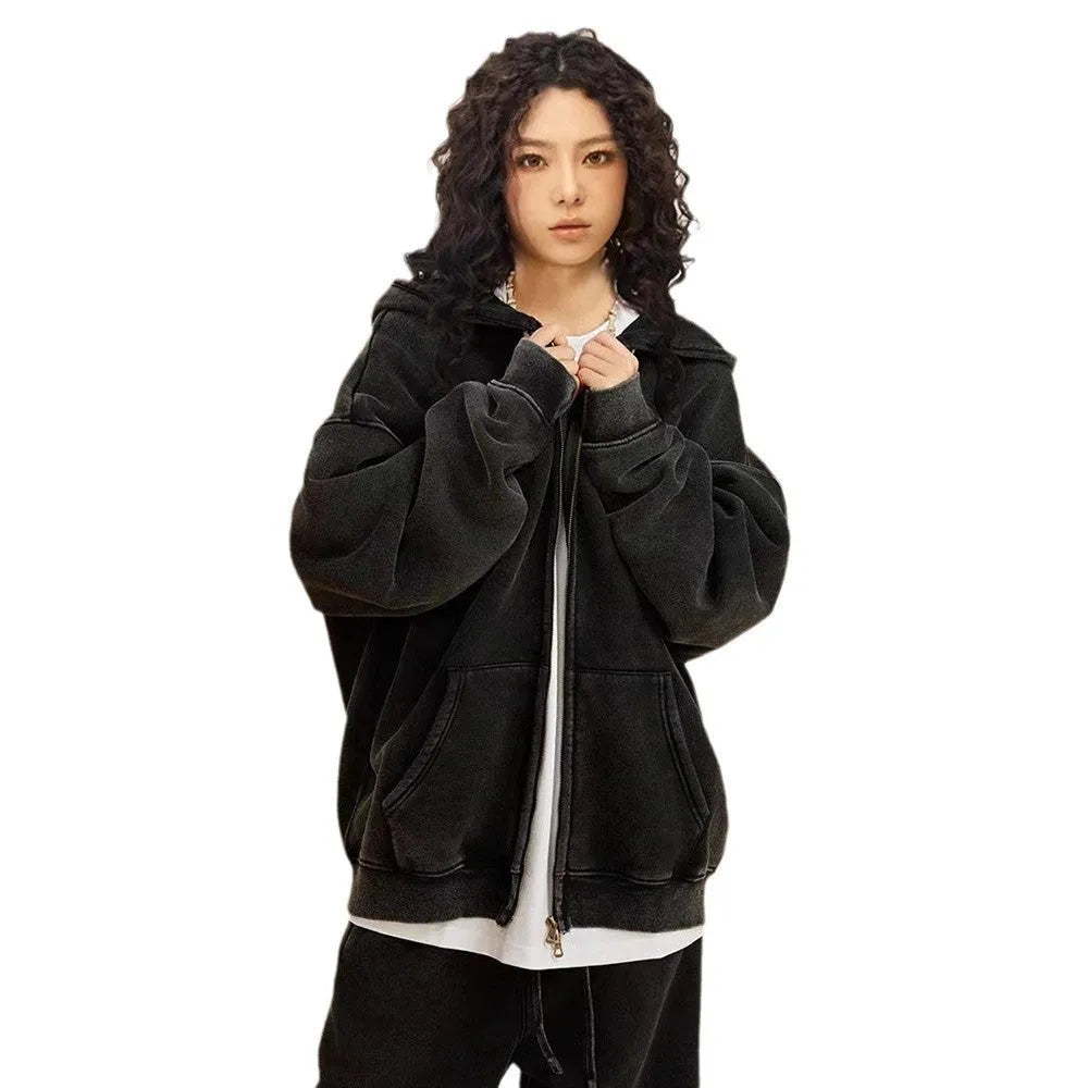 Men's washed cotton hooded cardigan with fleece lining and double zipper front.