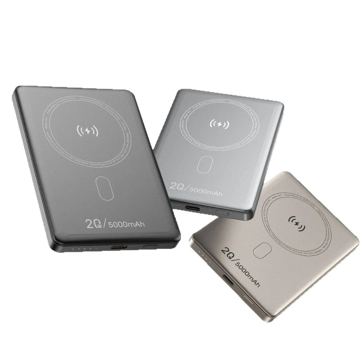 Magnetic wireless power bank with alloy shell in black, compact portable charger on a plain background