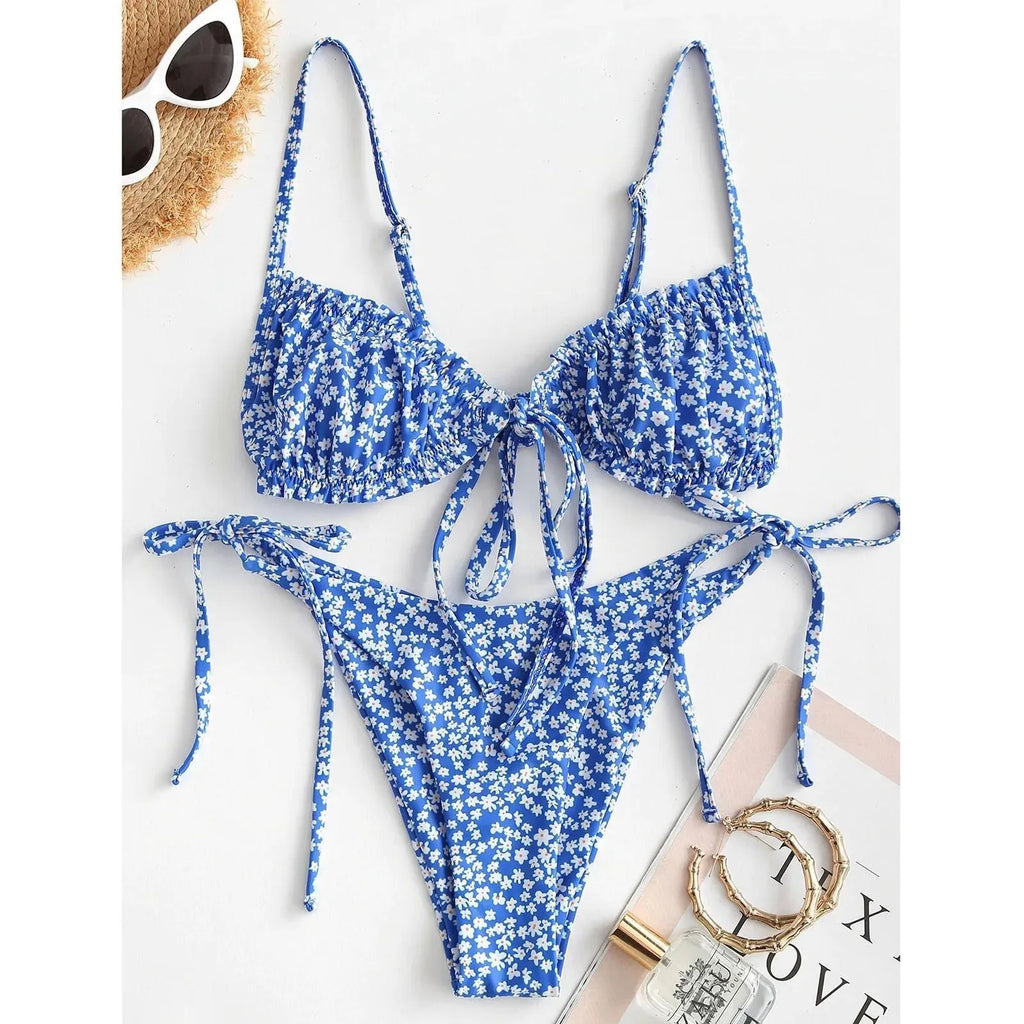 Women's printed multi-rope banded bikini swimsuit in blue or pink polyester with short sleeves