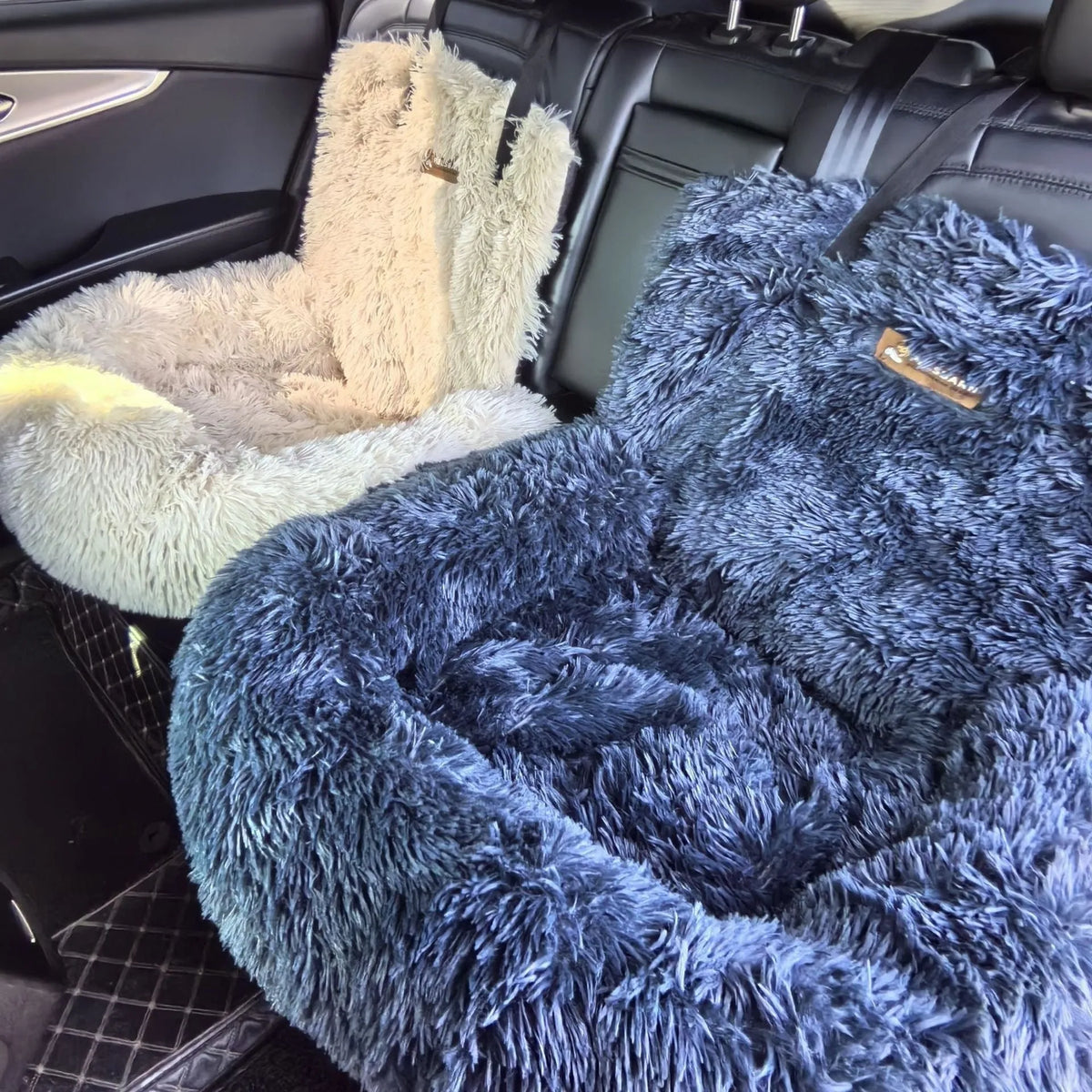 Winter thicken thermal vehicle-mounted pet mat in beige, placed on car seat, size 70x60x50cm