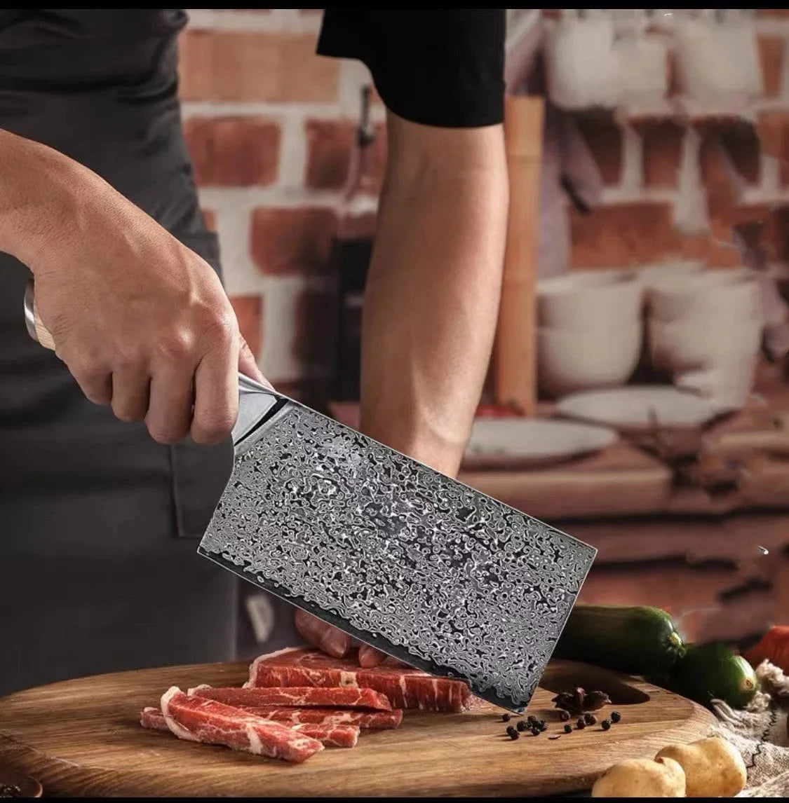 12-piece Damascus steel kitchen knife set with various blade types on a wooden block.