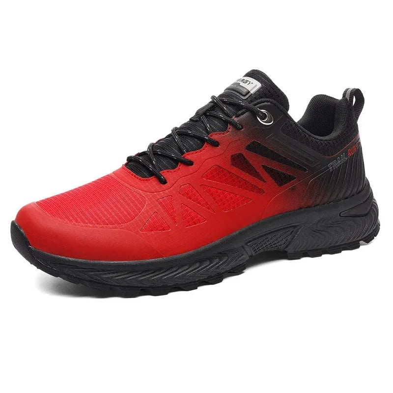 Men's black mesh outdoor running shoes with a rubber sole, shown in a plus size.