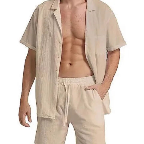 Men's flax fabric sports shorts suit with short-sleeved top and matching shorts