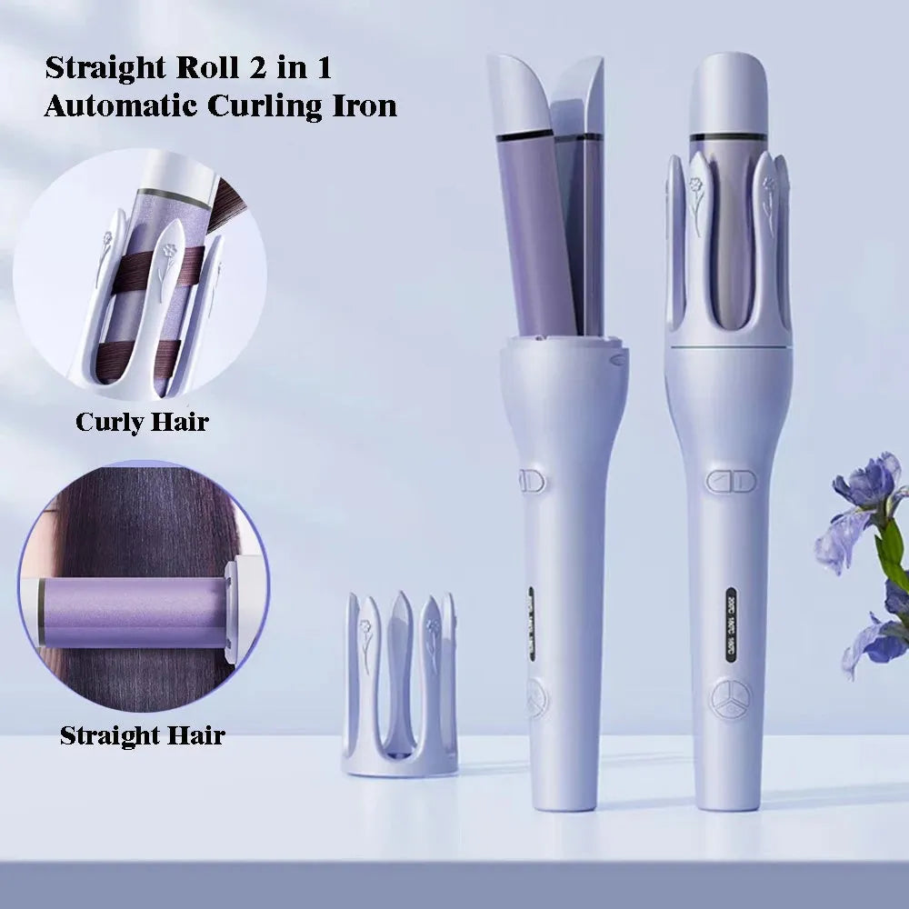 New 2-in-1 automatic hair curler straightener with ceramic barrel and temperature control in pink colour