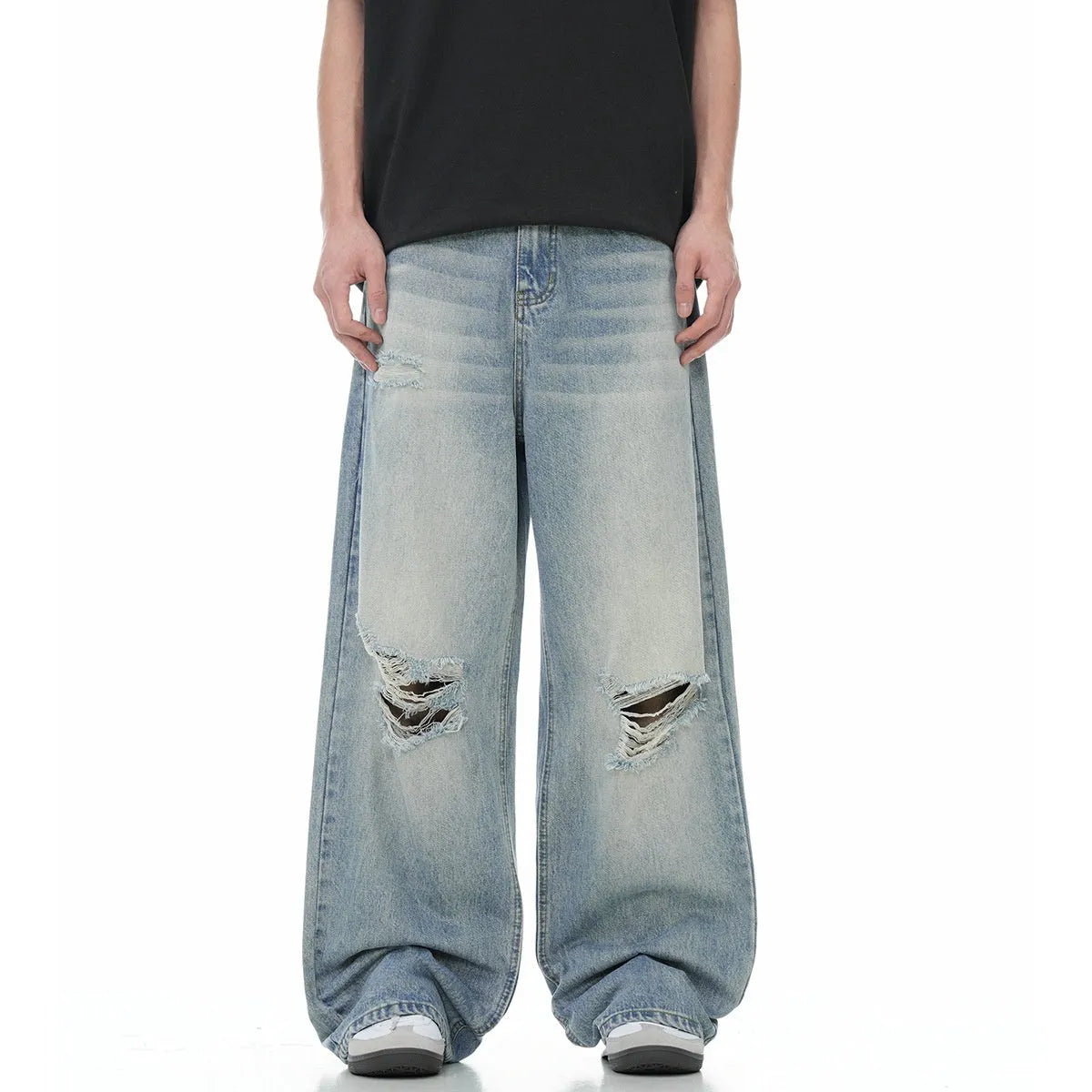 Blue cotton blend men's straight leg jeans with retro ripped detailing, front view, zipper fly, standing pose