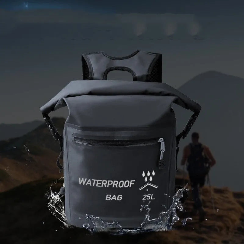 Black 25 litre waterproof backpack for outdoor water activities