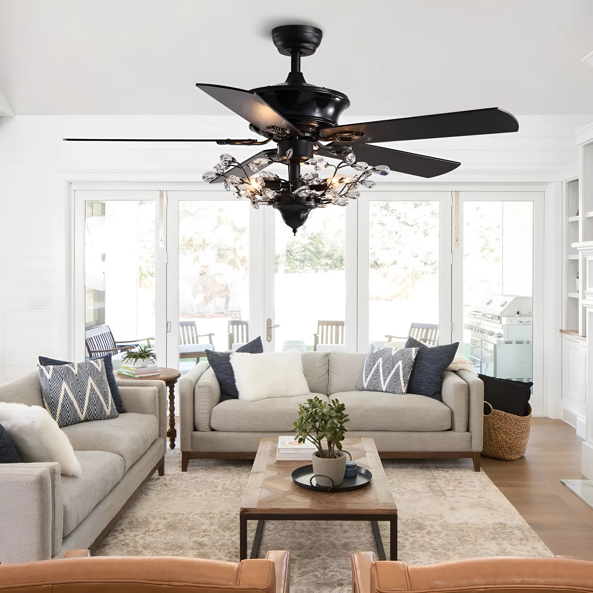 Wooden fan lamp with remote control, 52 inch blade span, wood lampshade and blades, for living room ceiling installation