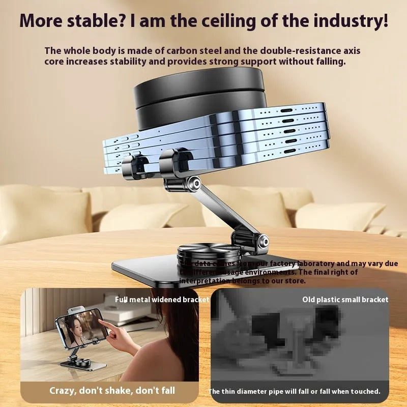 Rotatable folding mobile desktop stand in black on desk holding smartphone