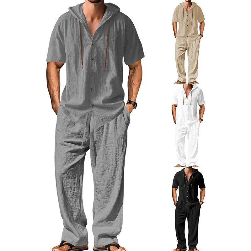 Men's grey cotton sports leisure suit with long sleeves and trousers on a hanger
