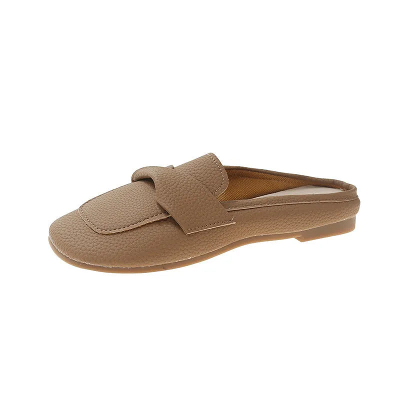 Closed toe loafers half slippers for women, soft bottom heel, square toe, PU upper, beige colour, side view
