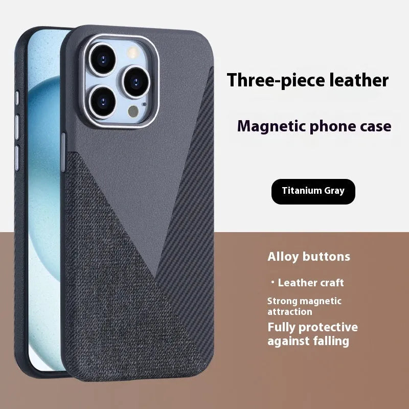iPhone 15 Pro magnetic case with three-pigment leather finish in black, brown, orange, sapphire blue, and titanium gray