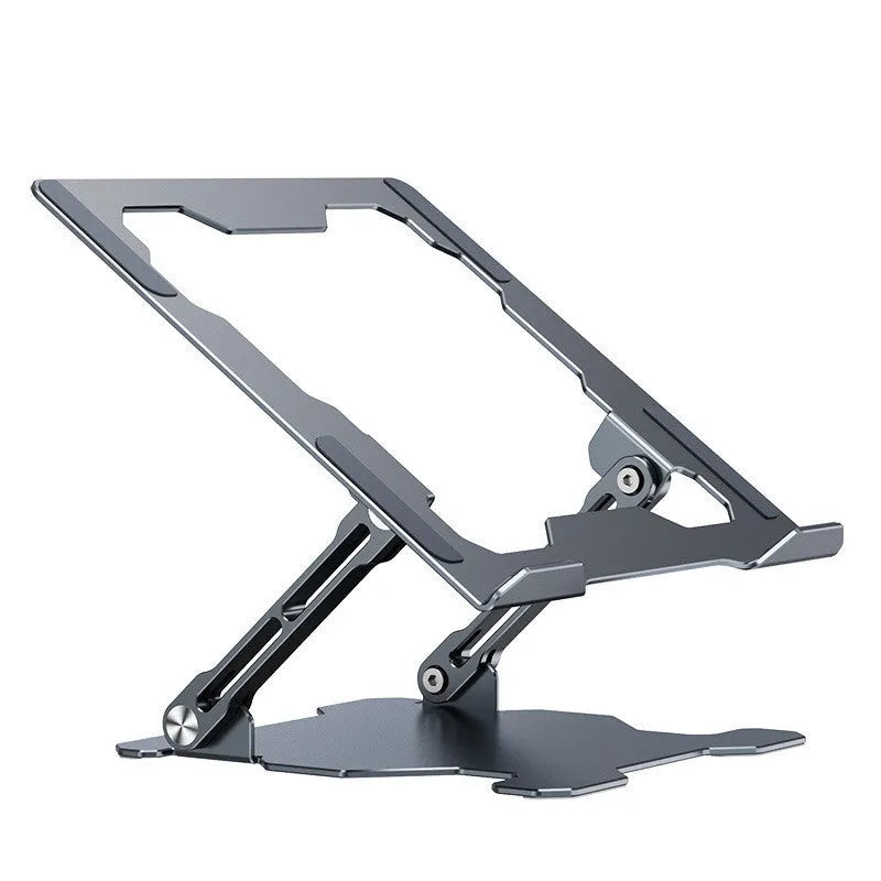 Aluminum laptop stand in folded position showing adjustable mechanism and silicone protection pads
