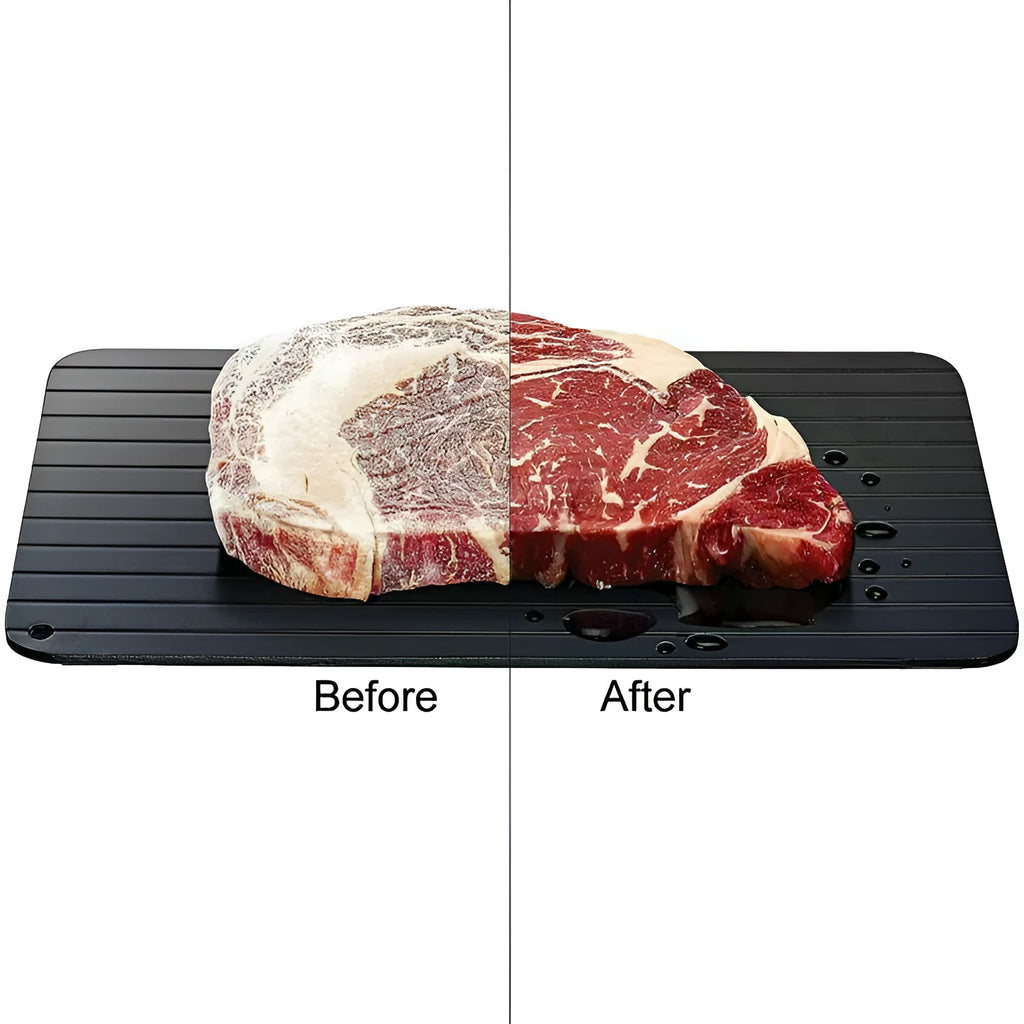 Black aluminium fast defrost tray for thawing frozen meat and food without electricity