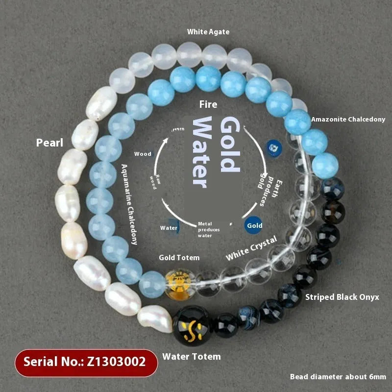 Handmade women's crystal double ring bracelet in five elements colours on a wrist.