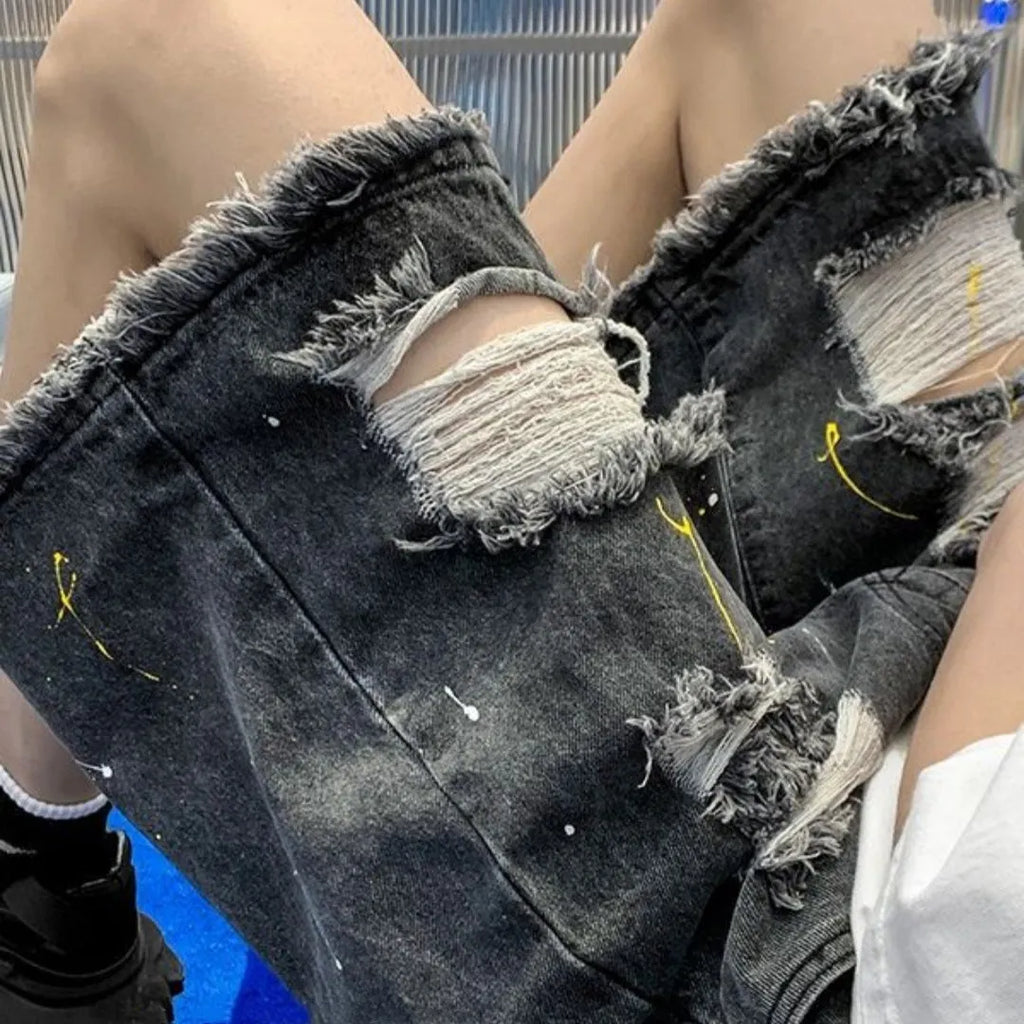 Men's casual cotton blend denim shorts with water washed hole details in light blue, loose fit fifth pants