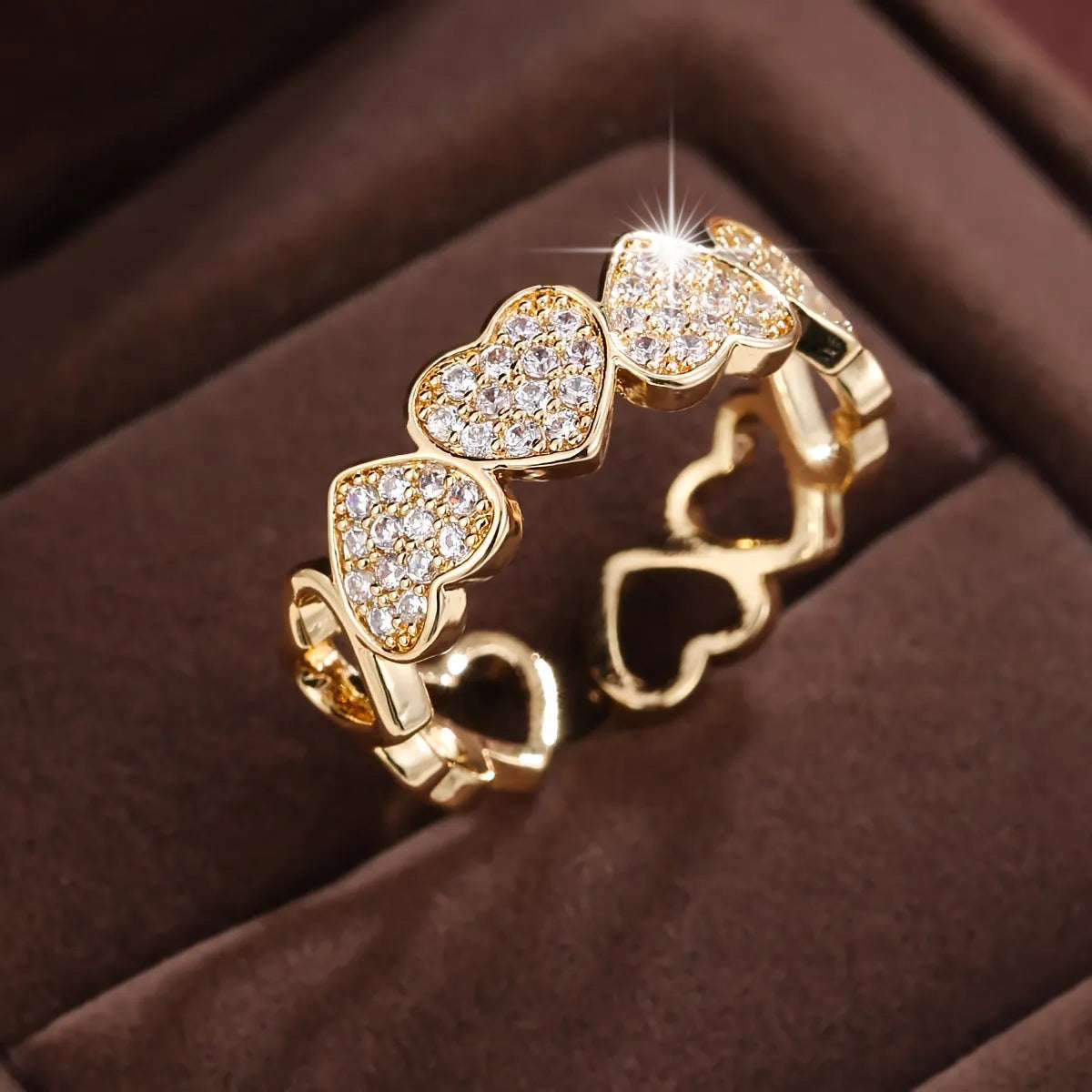 Adjustable geometric heart ring for couples in gold or silver finish