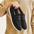 Men's slip-on suede loafers in beige with elastic band and rubber sole, side view