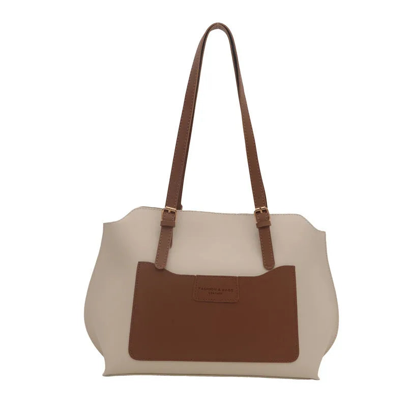 Women's structured PU tote bag in a horizontal square shape with double shoulder straps, shown in a neutral colour.