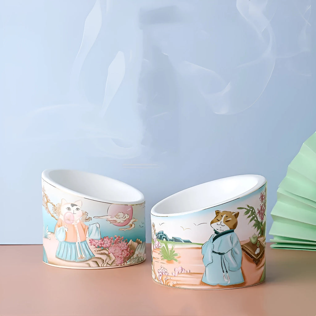 Chinese style ceramic cat bowl with high leg double bowl and oblique mouth shape in universal colour